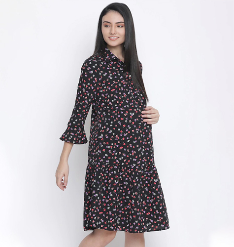 Black Floral Satin Maternity Shirt Dress